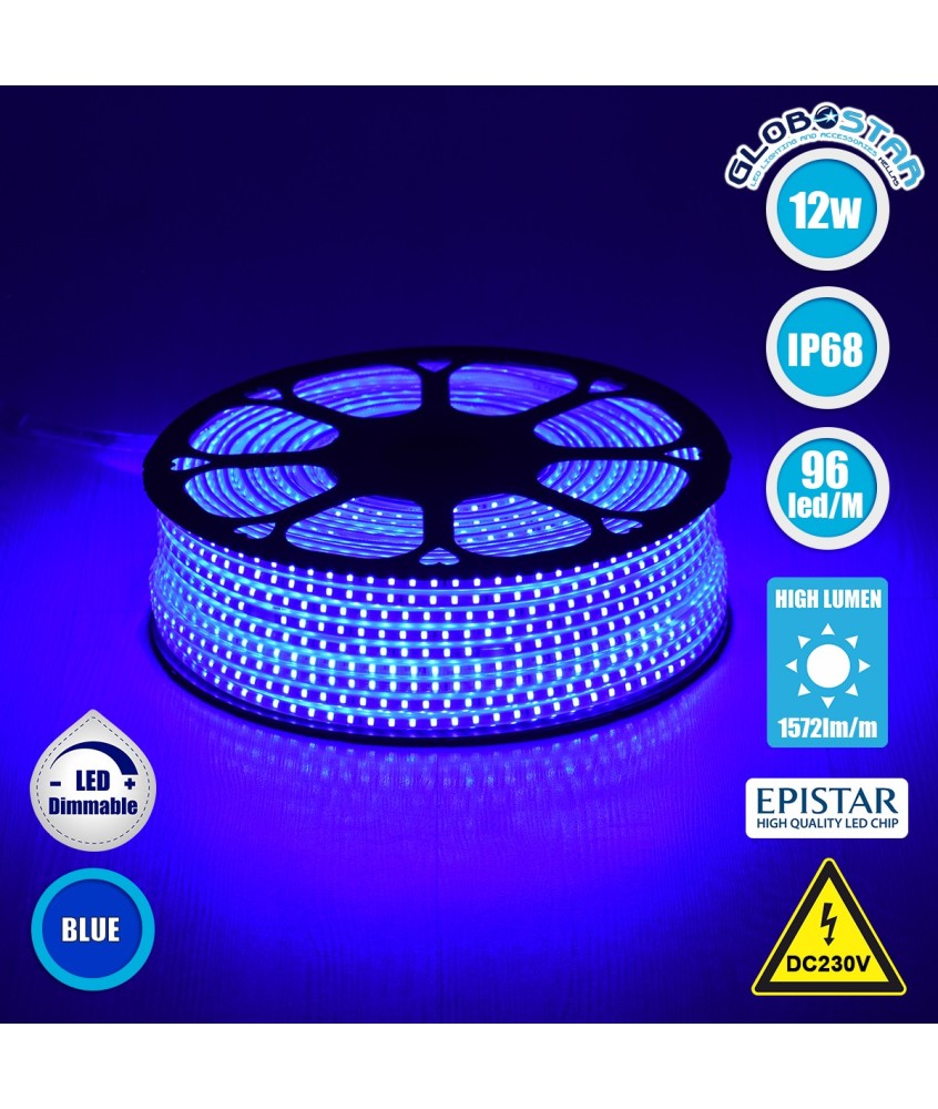 GLOBOSTAR® EPISLIM 70506 Ταινία LED 12W-m 780lm-m 120° DC 220-240V Αδιάβροχη IP65 96 x SMD2835 Chip-m Μπλε Dimmable - Epistar SMD Chip - Μ100 x Π1 x Υ0.5cm - 3 Χρόνια Εγγύηση